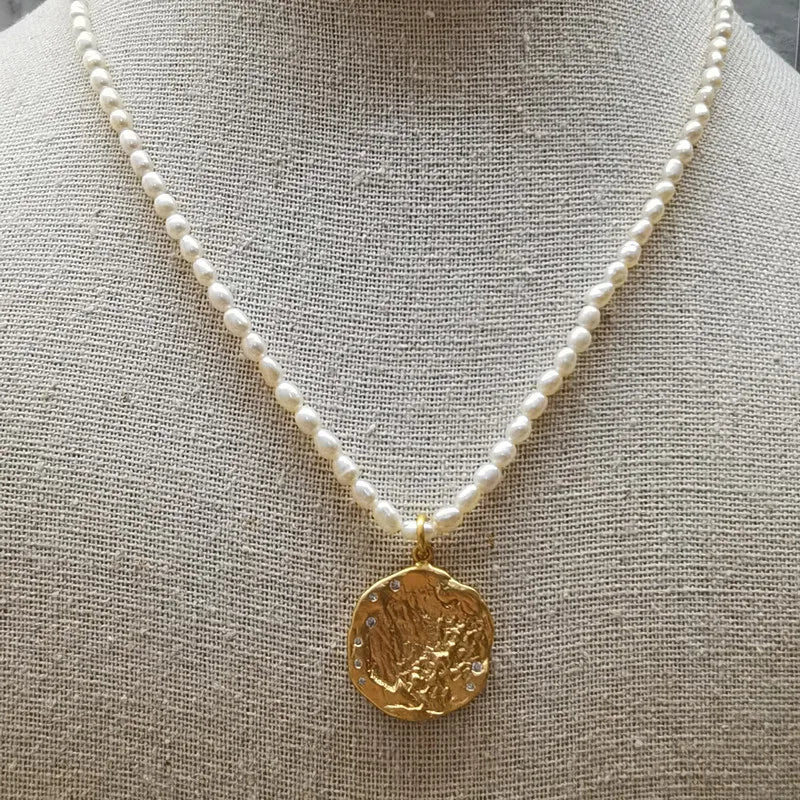 18K Gold Plated Brass Carved Coin and Baroque Pearl Necklace