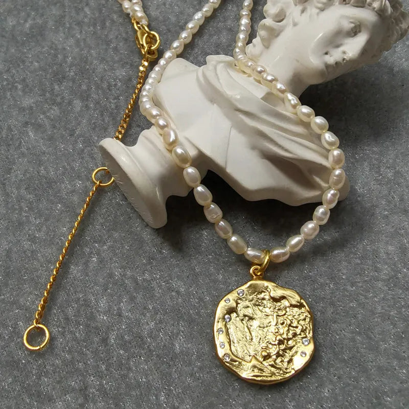 18K Gold Plated Brass Carved Coin and Baroque Pearl Necklace