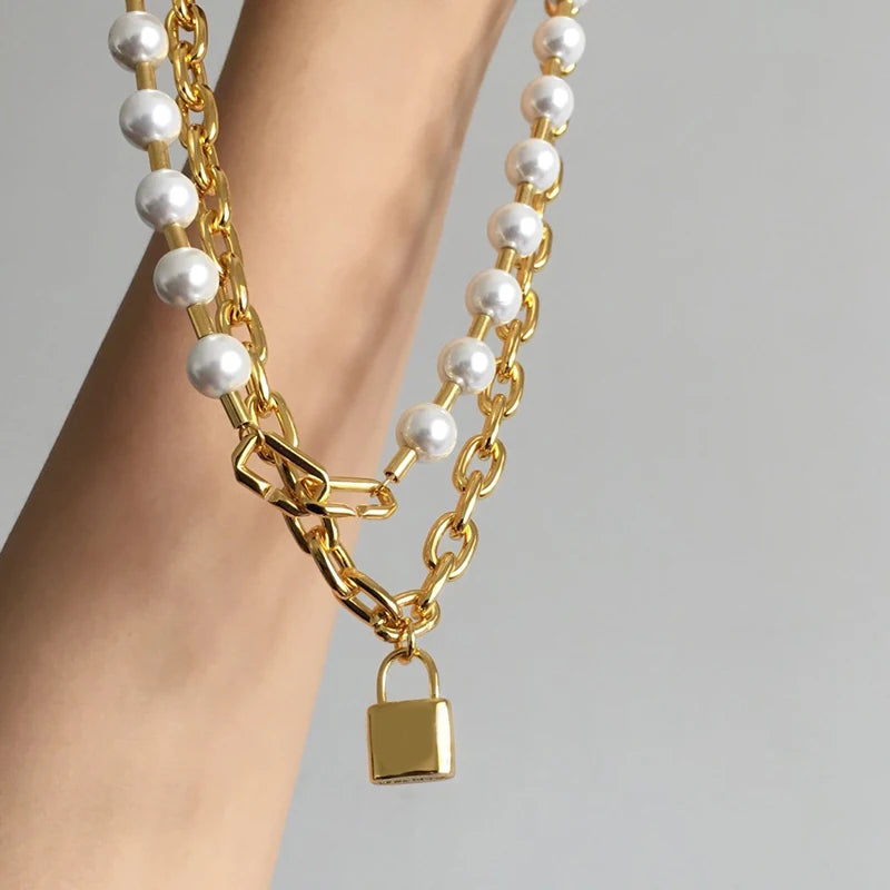 18K Gold Faux Pearl Layered Lock Necklace