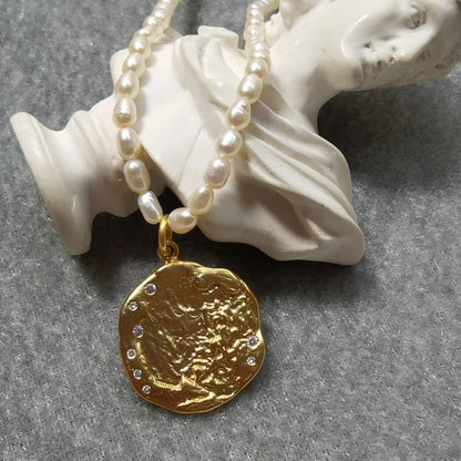 18K Gold Plated Brass Carved Coin and Baroque Pearl Necklace