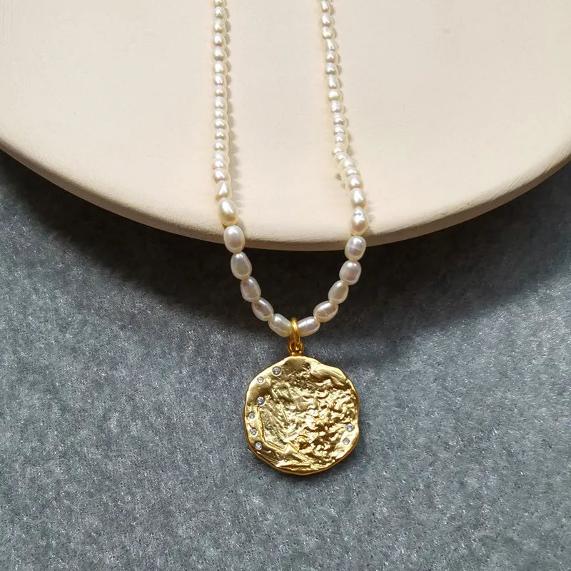 18K Gold Plated Brass Carved Coin and Baroque Pearl Necklace