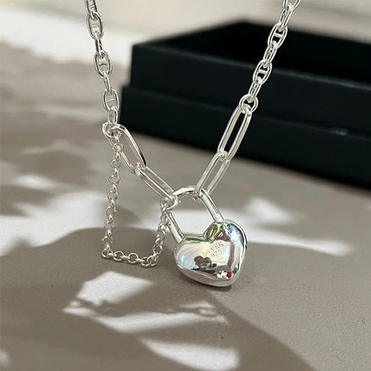 Love Heart Lock Silver Pendant Necklace