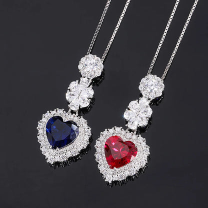 925 Sterling Silver Heart-Shaped Ruby/Sapphire Pendant Necklace