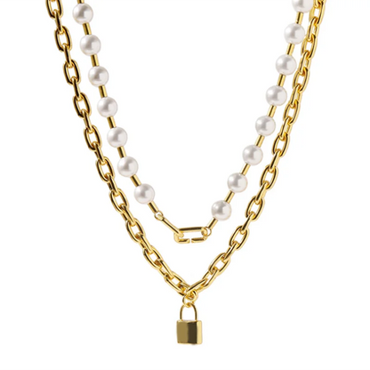 18K Gold Faux Pearl Layered Lock Necklace