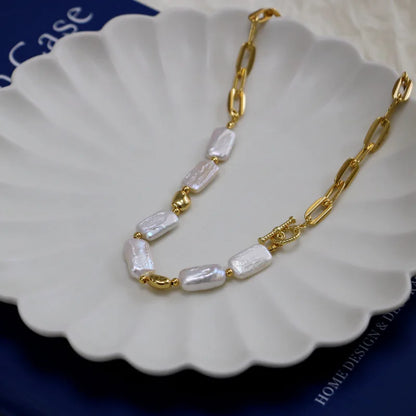 18K Gold Plated Baroque Pearl Necklace – Elegant Party Accessory with Geometric Design