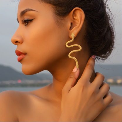 Gold Curved Snake Design Earrings – Elegant Titanium Steel Jewelry