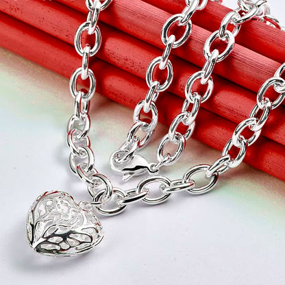 925 Sterling Silver Hollow Heart Necklace – Elegant 18-Inch Link Chain for Women and Men